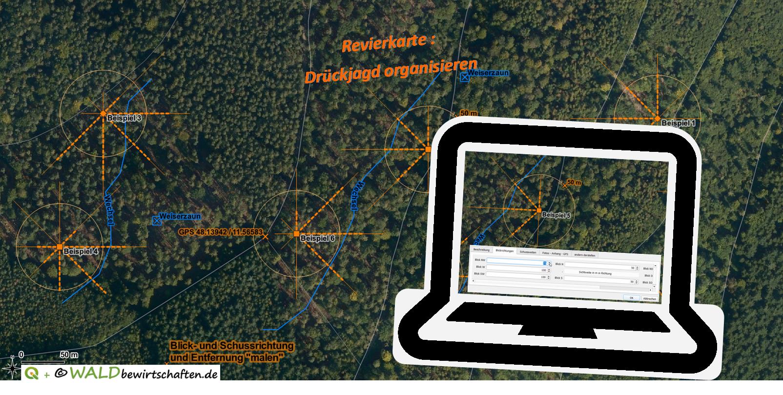 Revierkarte mit Blick- und Schussrichtung, Analyse, Drückjagd organisieren