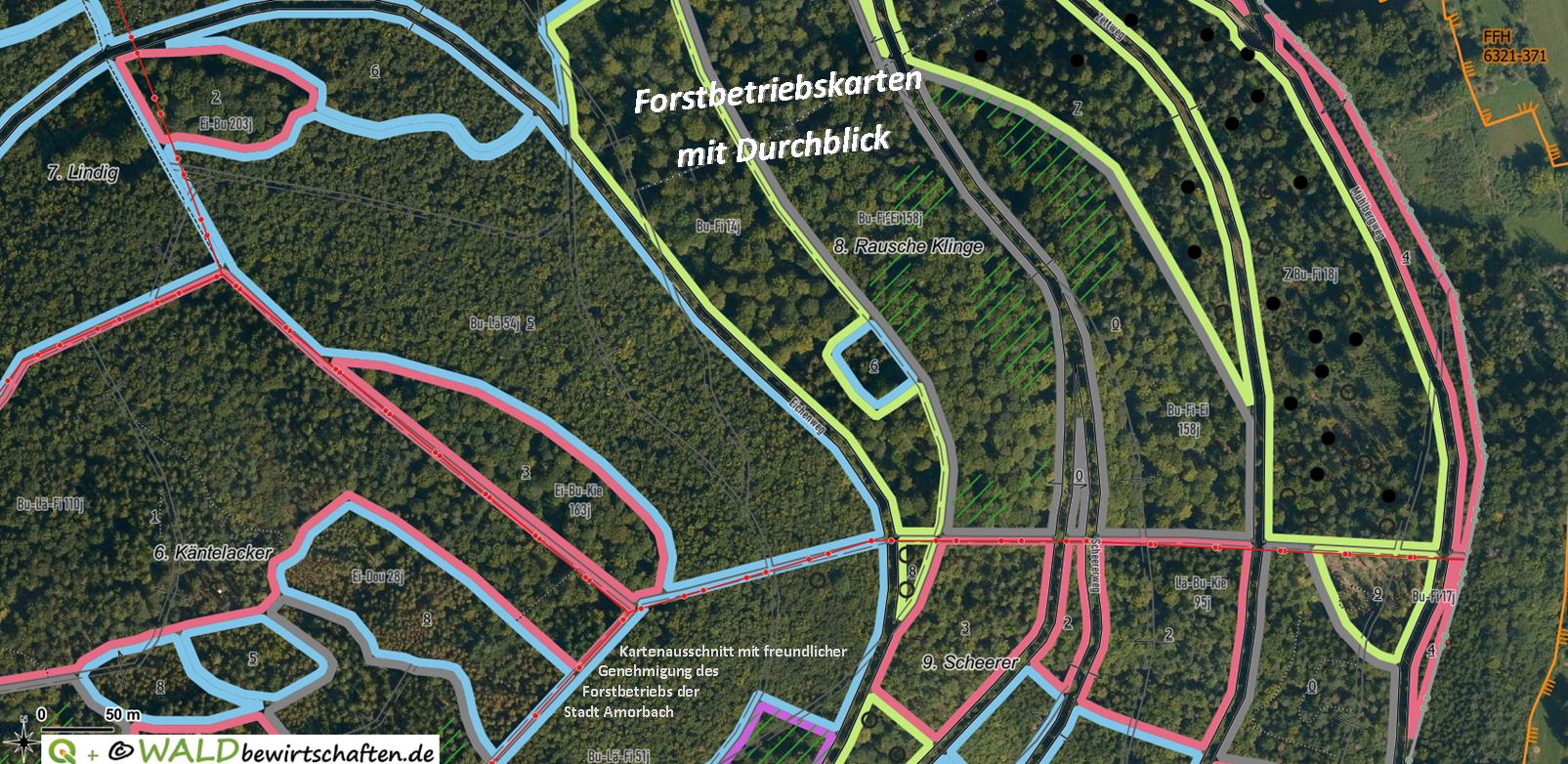 Forstbetriebskarten mit Durchblick, über dem Luftbild sieht man mehr